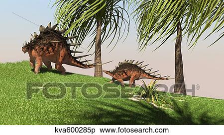 Two Kentrosaurus dinosaurs walking across an open field. View Large Illustration Stock Illustration - Two Kentrosaurus dinosaurs walking across an open field.. Fotosearch