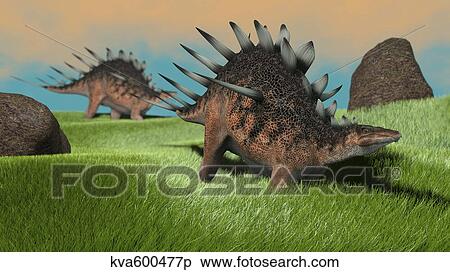 Stock Illustration - Two Kentrosaurus dinosaurs walking across a grassy field.. Fotosearch
