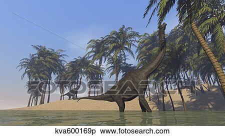 Stock Illustration - Two large Brachiosaurus grazing along a bay.. Fotosearch