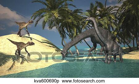 Stock Illustration - Two large Brachiosaurus grazing in shallow waters as two Utahraptors approach.. Fotosearch