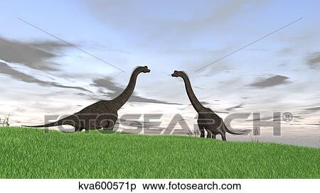 Stock Illustration - Two large Brachiosaurus in a grassy field.. Fotosearch