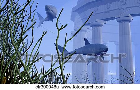 Stock Illustration - Two Mako sharks swim by an underwater greek temple.. Fotosearch