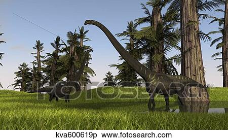 Stock Illustration - Two Mamenchisaurus in swampy water.. Fotosearch