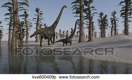 Two Mamenchisaurus roaming along the shoreline. View Large Illustration Stock Illustration - Two Mamenchisaurus roaming along the shoreline.. Fotosearch