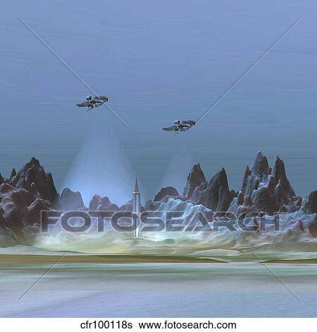 Two military craft spy on an enemies rocket at night. View Large Illustration Stock Illustration - Two military craft spy on an enemies rocket at night.. Fotosearch