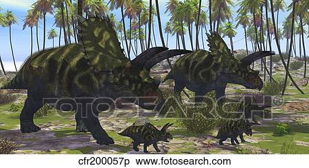 Stock Illustration - Two mother Coahuilaceratops escort their baby hatchlings.. Fotosearch