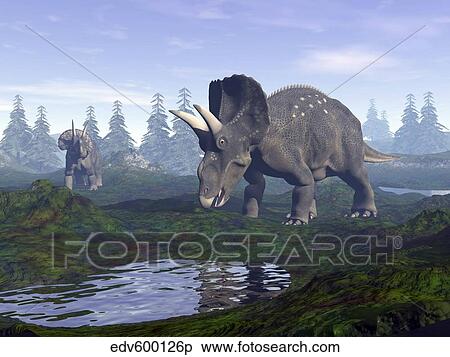 Stock Illustration - Two Nedoceratops dinosaurs walking to water puddle in the morning light.. Fotosearch