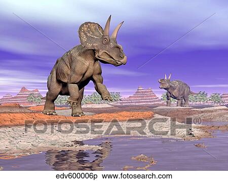 Two Nedoceratops next to water in a colorful rocky landscape. View Large Illustration Stock Illustration - Two Nedoceratops next to water in a colorful rocky landscape.. Fotosearch