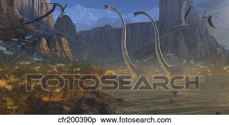 Stock Illustration - Two Omeisaurus dinosaurs crossing an inlet with flying pterosaurs flying above.. Fotosearch