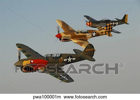 Two P-40 Warhawks and a P-51D Mustang flying over Chino, California. View Large Photo Image Picture - Two P-40 Warhawks and a P-51D Mustang flying over Chino, California.. Fotosearch