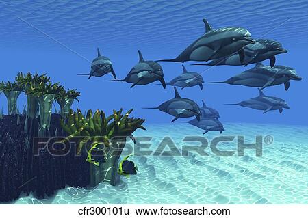Two pennant fish scamper away from a pod of striped dolphins. View Large Illustration Stock Illustration - Two pennant fish scamper away from a pod of striped dolphins.. Fotosearch