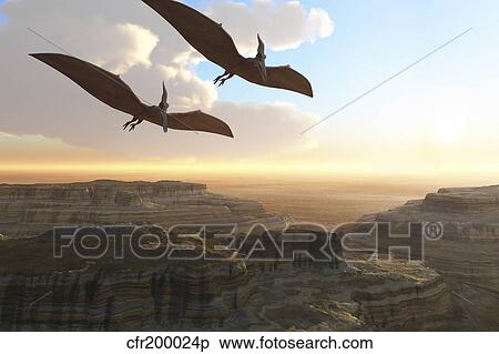 Two Pterodactyl flying dinosaurs soar above a beautiful canyon. View Large Illustration Stock Illustration - Two Pterodactyl flying dinosaurs soar above a beautiful canyon.. Fotosearch