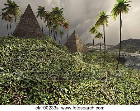 Two pyramids sit majestically among the surrounding jungle. View Large Illustration Stock Illustration - Two pyramids sit majestically among the surrounding jungle.. Fotosearch