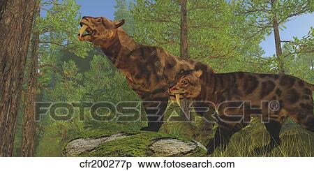 Two Saber-Toothed Cats search for prey in a pine forest. View Large Illustration Stock Illustration - Two Saber-Toothed Cats search for prey in a pine forest.. Fotosearch