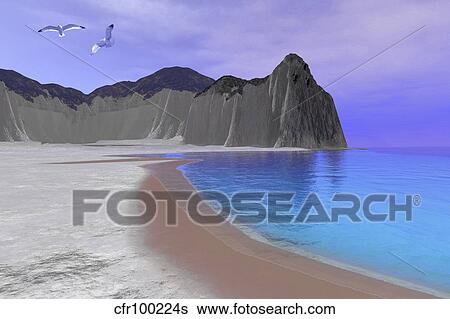 Stock Illustration - Two seagulls fly over a beautiful ocean seashore.. Fotosearch