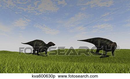 Stock Illustration - Two Shuangmiaosaurus walking across a grassy field.. Fotosearch