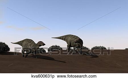 Stock Illustration - Two Shuangmiaosaurus walking across barren terrain.. Fotosearch
