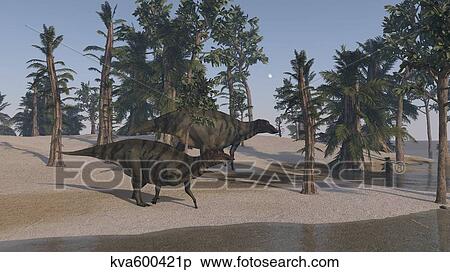 Two Shuangmiaosaurus walking along the shoreline. View Large Illustration Stock Illustration - Two Shuangmiaosaurus walking along the shoreline.. Fotosearch