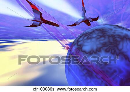Two spacecraft fly back to their home planet after a mission. View Large Illustration Stock Illustration - Two spacecraft fly back to their home planet after a mission.. Fotosearch