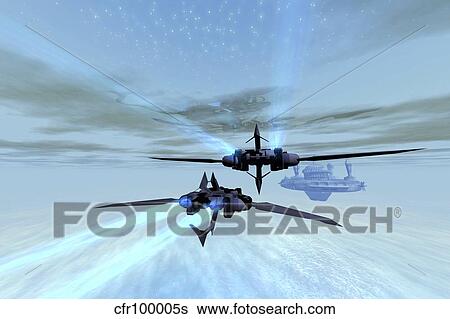 Two spacecraft fly back to their space station out in the cosmos. View Large Illustration Stock Illustration - Two spacecraft fly back to their space station out in the cosmos.. Fotosearch