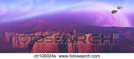Two spacecraft fly over a mountain range. View Large Illustration Stock Illustration - Two spacecraft fly over a mountain range.. Fotosearch