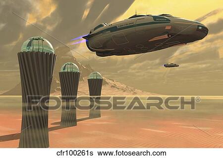 Stock Illustration - Two spacecraft takeoff from a colony on a desert planet.. Fotosearch