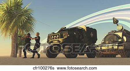 Two Special Forces personnel draw their guns on a distant planet. View Large Illustration Stock Illustration - Two Special Forces personnel draw their guns on a distant planet.. Fotosearch