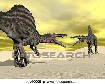 Two Spinosaurus dinosaur fighting in the desert. View Large Illustration Stock Illustration - Two Spinosaurus dinosaur fighting in the desert.. Fotosearch