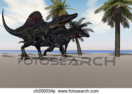 Stock Illustration - Two Spinosaurus dinosaurs amble down a beach looking for food.. Fotosearch