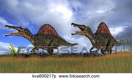 Two Spinosaurus dinosaurs hunting in prehistoric grasslands. View Large Illustration Stock Illustration - Two Spinosaurus dinosaurs hunting in prehistoric grasslands.. Fotosearch