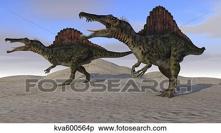 Stock Illustration - Two Spinosaurus dinosaurs hunting on desert terrain.. Fotosearch