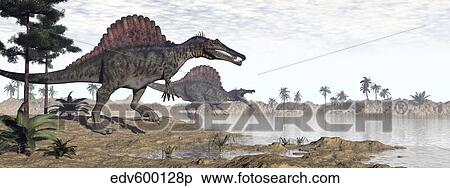 Two Spinosaurus dinosaurs walking to the water in a desert landscape. View Large Illustration Stock Illustration - Two Spinosaurus dinosaurs walking to the water in a desert landscape.. Fotosearch