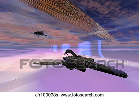 Stock Illustration - Two starships warp along space enegy fields.. Fotosearch