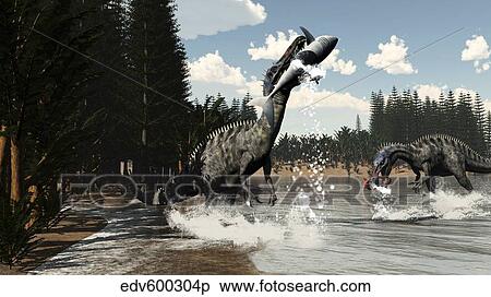 Two Suchomimus dinosaurs catch a fish and shark. View Large Illustration Stock Illustration - Two Suchomimus dinosaurs catch a fish and shark.. Fotosearch