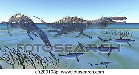 Stock Illustration - Two Suchomimus dinosaurs hunting small sharks.. Fotosearch