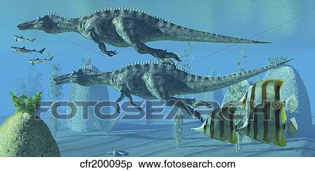 Two Suchomimus dinosaurs search for big fish prey underwater. View Large Illustration Stock Illustration - Two Suchomimus dinosaurs search for big fish prey underwater.. Fotosearch
