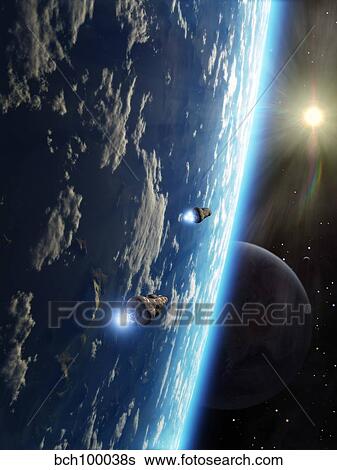Stock Illustration - Two survey craft orbit a terrestrial type planet.. Fotosearch