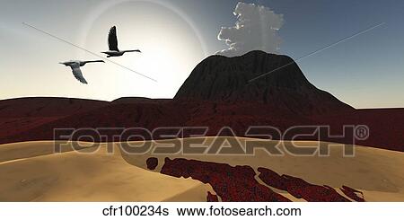 Two swans fly over cooling lava flows from a recently active volcano. View Large Illustration Stock Illustration - Two swans fly over cooling lava flows from a recently active volcano.. Fotosearch