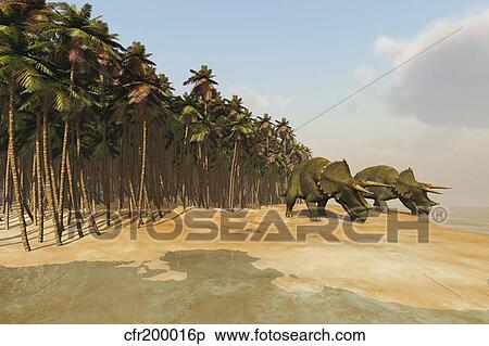 Two Triceratops come down to a lake to drink some water. View Large Illustration Stock Illustration - Two Triceratops come down to a lake to drink some water.. Fotosearch