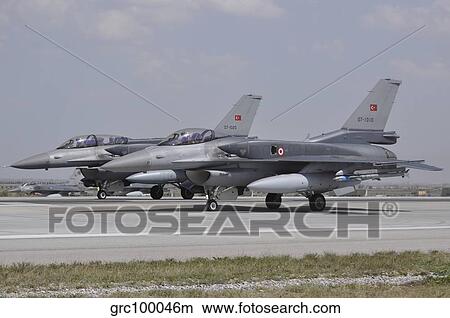 Two Turkish Air Force F-16C/D Block 52+ aircraft ready for take-off. View Large Photo Image Picture - Two Turkish Air Force F-16C/D Block 52+ aircraft ready for take-off.. Fotosearch