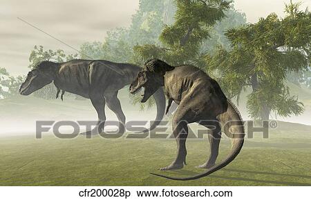 Two Tyrannosaurus Rex rest in the early morning light before the days hunt. View Large Illustration Stock Illustration - Two Tyrannosaurus Rex rest in the early morning light before the days hunt.. Fotosearch