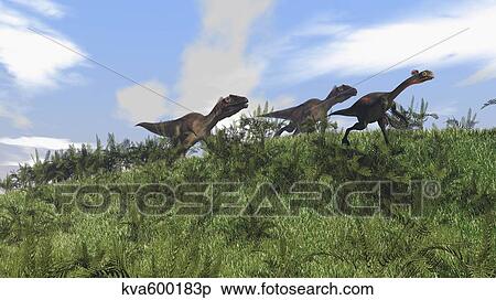 Stock Illustration - Two Utahraptors chasing a Gigantoraptor across a grassy field.. Fotosearch