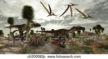 Stock Illustration - Two Utahraptors hunt for prey as pterosaurs fly above.. Fotosearch