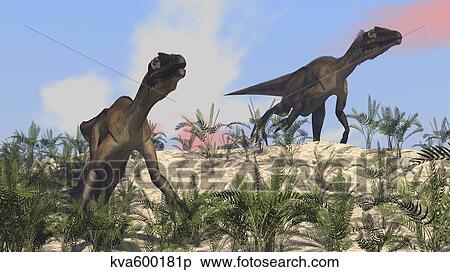 Stock Illustration - Two Utahraptors in an arid climate.. Fotosearch