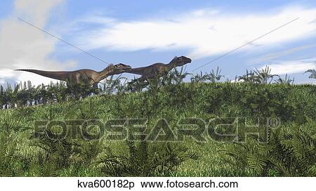 Stock Illustration - Two Utahraptors walking across a grassy field.. Fotosearch