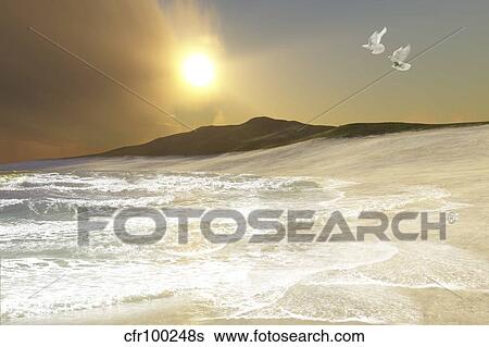 Two white doves fly over waves coming to shore on a remote beach. View Large Illustration Stock Illustration - Two white doves fly over waves coming to shore on a remote beach.. Fotosearch