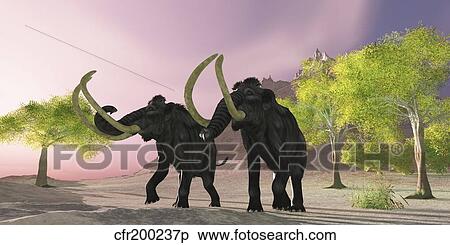 Stock Illustration - Two Woolly Mammoths searching for better vegetation to eat.. Fotosearch