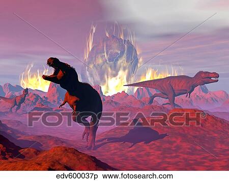 Tyrannosaurus の Rex 恐竜 逃げる A 大きい 隕石 Crash イラスト Edvp Fotosearch