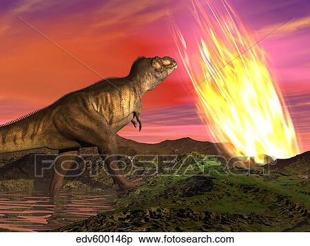 Tyrannosaurus の Rex 観察する A 隕石 衝突 に Earth イラスト Edvp Fotosearch