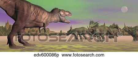 Tyrannosaurus attacking Styracosaurus dinosaurs. View Large Illustration Stock Illustration - Tyrannosaurus attacking Styracosaurus dinosaurs.. Fotosearch